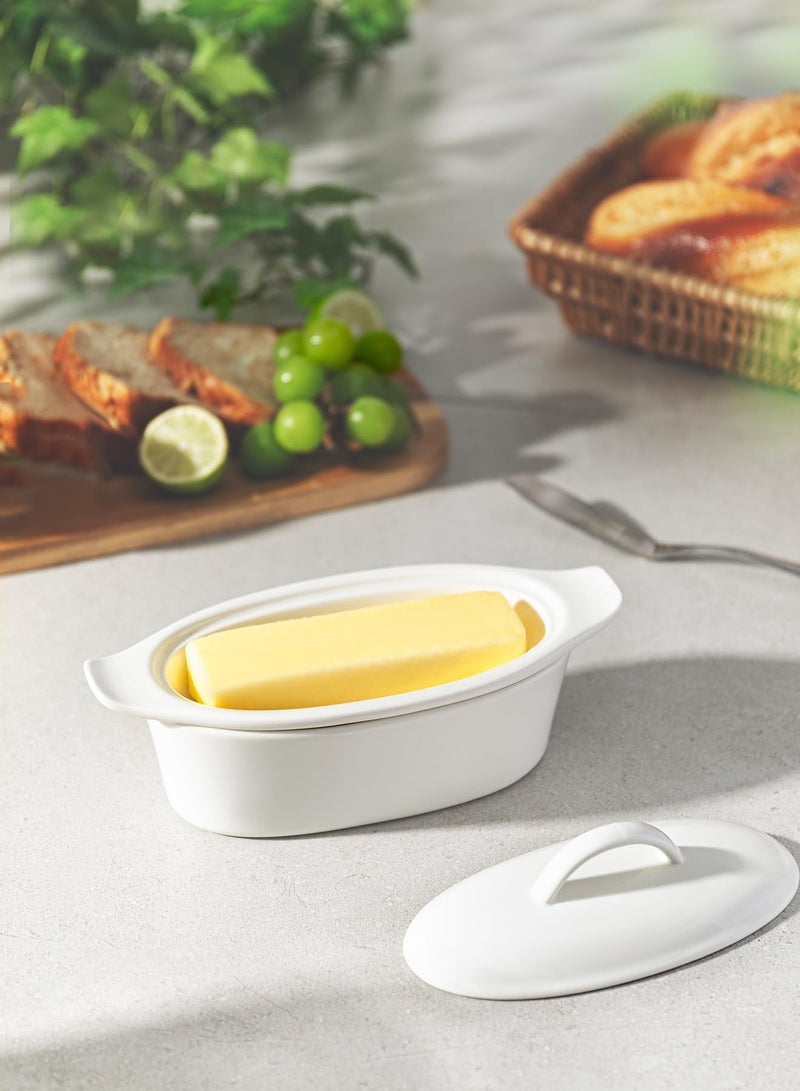 Better Butter طبق زبدة مع غطاء لسطح الطاولة - بورسلين أبيض، 3 قطع طبق زبدة كبير مع غطاء، حاوية حفظ الزبدة مع خط الماء مثالية للتخزين اليومي، حامل زبدة مع مقبض - لتزيين المطبخ - Image 3